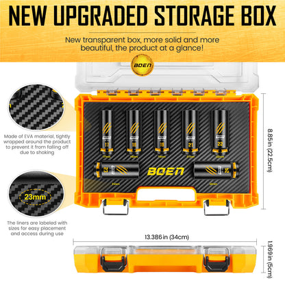 BOEN 7-Piece 1/2" Drive Metric Impact Socket Set, (17, 18, 19, 21, 22, 23, 24 mm) Deep Socket, Chrome-molybdenum Steel, Deep Embossed and Painted Marking, 6-Point Design, Yellow Groove