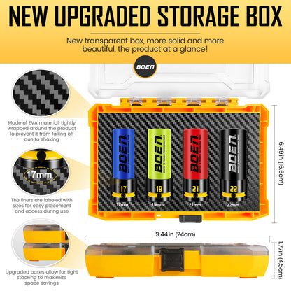 BOEN 1/2" Drive Impact Lug Nut Socket Set, 4 Pieces Non-Marring Thin Wall Wheel Protector Nut Socket, Metric (17, 19, 21, 22) mm, Color-Coded and Embossed and Painted Marking, CR-MO Steel