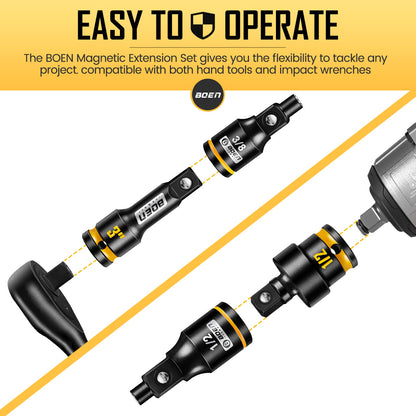 BOEN 3-Piece Magnetic Socket Extension Set, 1/4", 3/8", 1/2" Drive for Automotive and DIY Repairs, Tight Spaces, Mechanics & Home Use