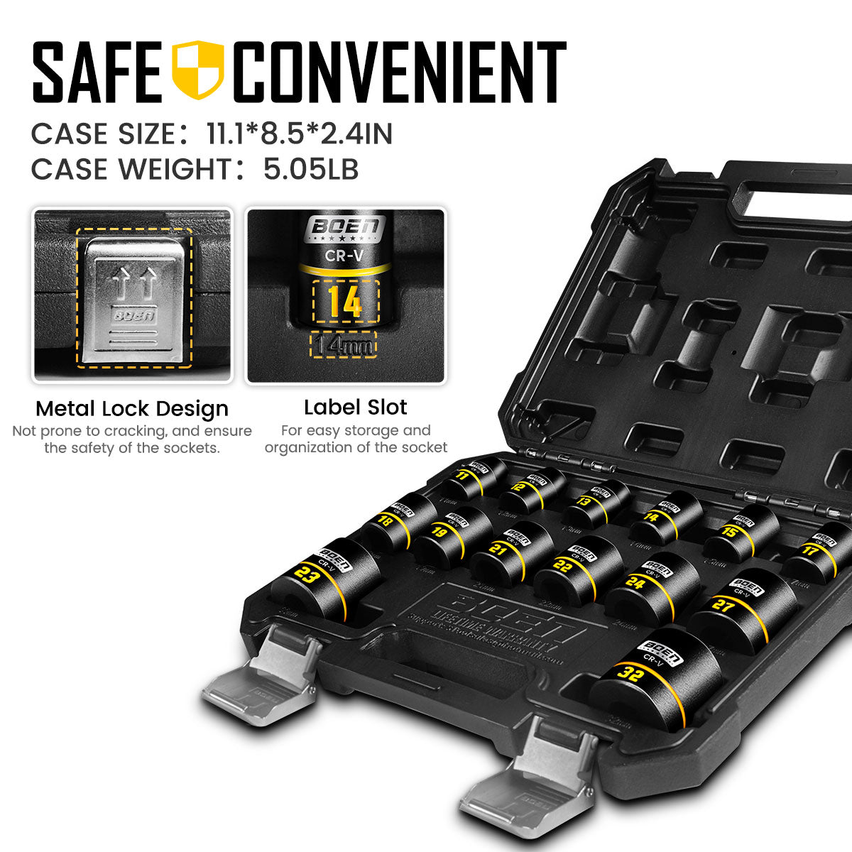 BOEN 14-Piece 1/2" Drive Shallow Impact Socket Set, Metric(11-32mm), 6-Point with Yellow Embossed Marking, Cr-V Steel, Storage Box