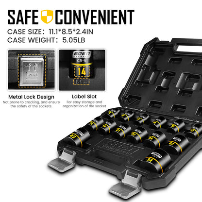 BOEN 14-Piece 1/2" Drive Shallow Impact Socket Set, Metric(11-32mm), 6-Point with Yellow Embossed Marking, Cr-V Steel, Storage Box