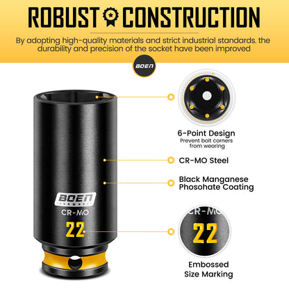 boen 3/8'' Drive Impact Socket Set, 50PCS Standard SAE (5/16 to 3/4 inch) and Metric (8mm-22mm), Deep & Shallow Size, 6-Point with Yellow Embossed Marking, CR-MO