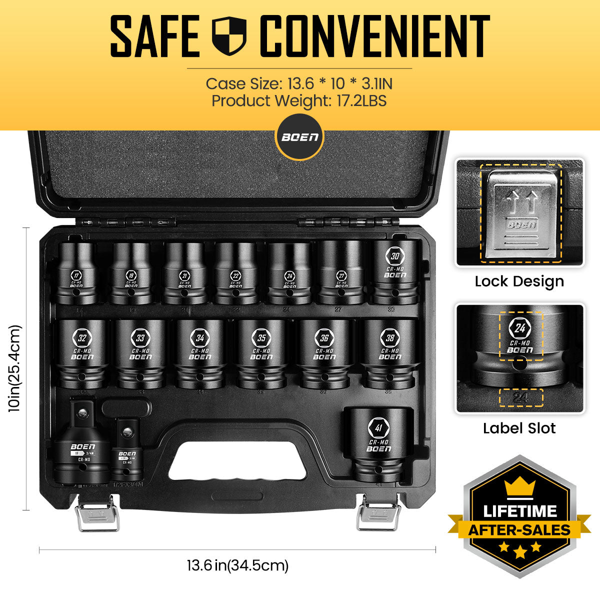 boen 3/4" Drive Metric Socket Set, 17mm - 41mm Large Impact Sockets, 6-Point CR-MO Steel, Rugged Construction,16PCS with a Storage Case, for Large Vehicle and Machinery Maintenance