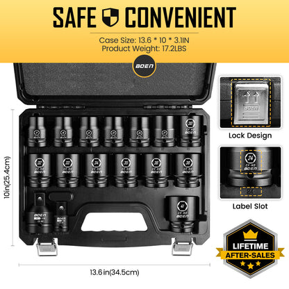 boen 3/4" Drive Metric Socket Set, 17mm - 41mm Large Impact Sockets, 6-Point CR-MO Steel, Rugged Construction,16PCS with a Storage Case, for Large Vehicle and Machinery Maintenance