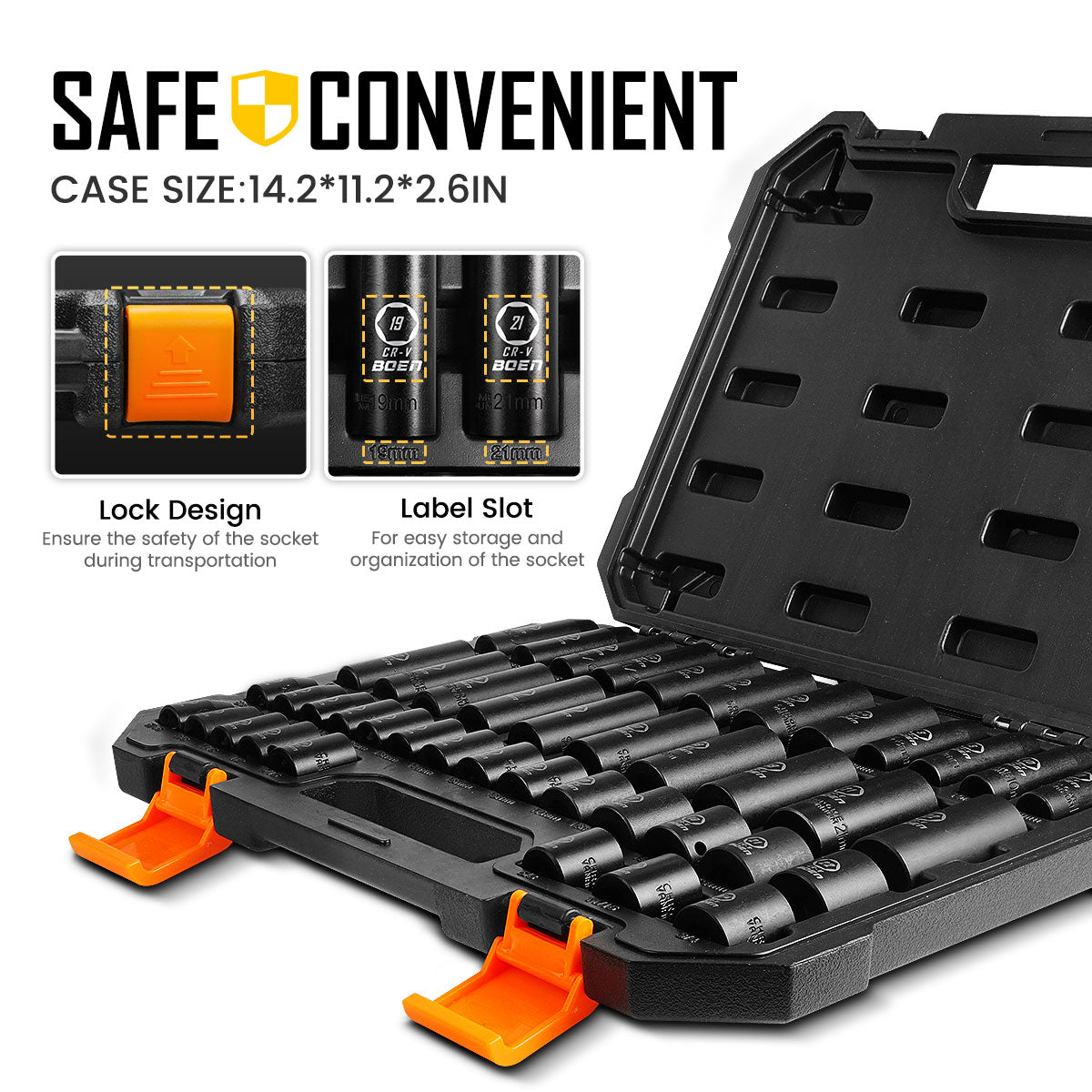 BOEN 3/8" Drive Impact Socket Set, 6 Point 44-Piece SAE (5/16 to 3/4 inch) and Metric (8-19mm, 21mm, 22mm) Full, Deep & Shallow Socket Kit, Cr-V Steel for Impact Wrench and Ratchet Handle