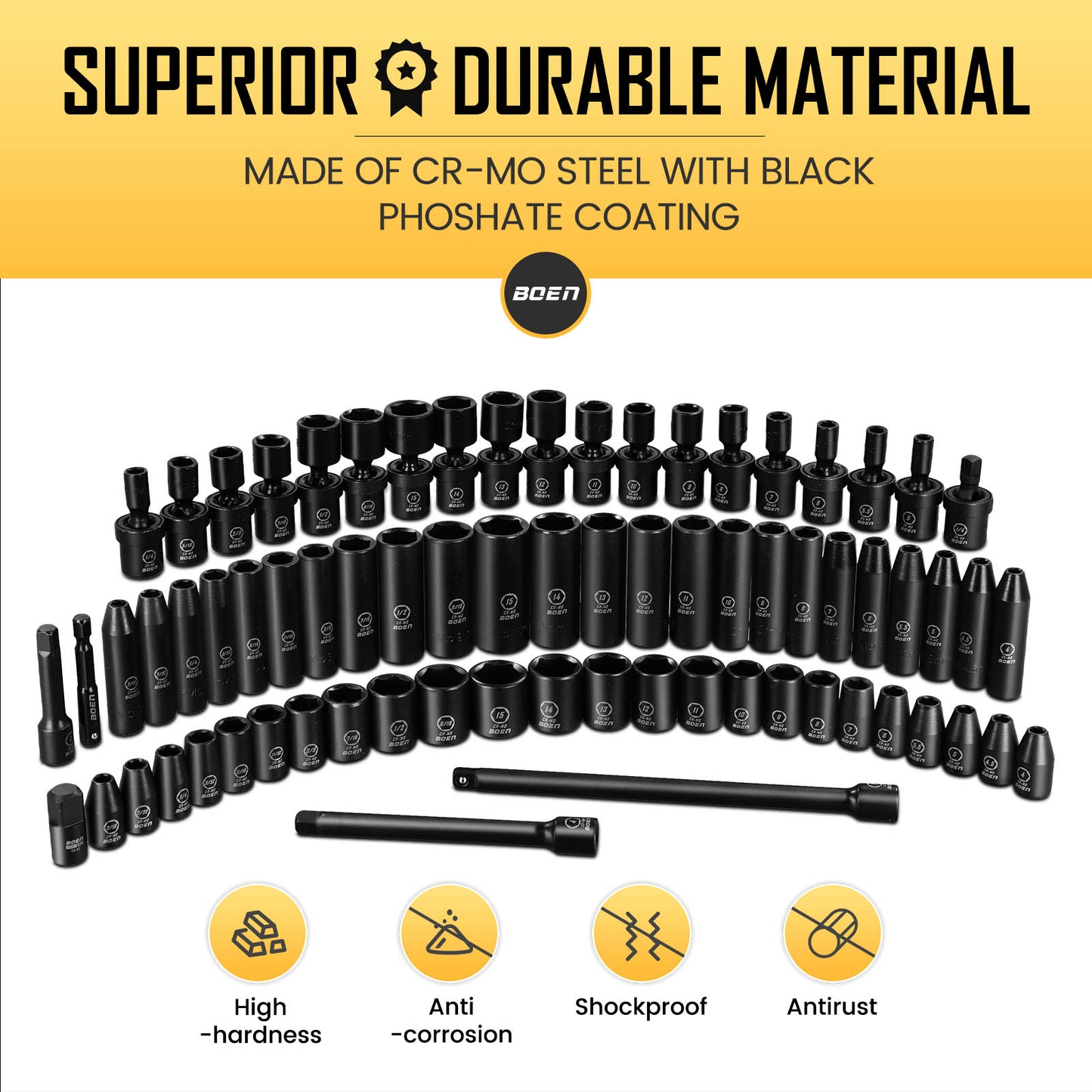 Boen Impact Socket Set 1/4 Inch Drive 72-Piece, 6-Point SAE(3/16-9/16 inch) and Metric (4-15mm) Sizes, Deep & Shallow Kit Includes Swivel Sockets, Extension Bar, Adapters & Universal Joint, CR-MO