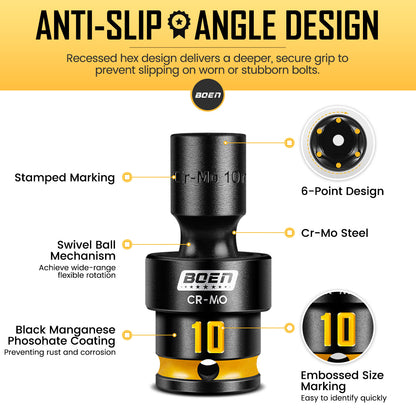 BOEN Pro 3/8 Inch Drive Impact Swivel Socket set, 16-Pieces 8-24mm, 6-Point Shallow Metric Universal Wobbly Sockets With Painted Marking, Cr-Mo, Include PP Case, Fit Into Tight and Narrow Spaces
