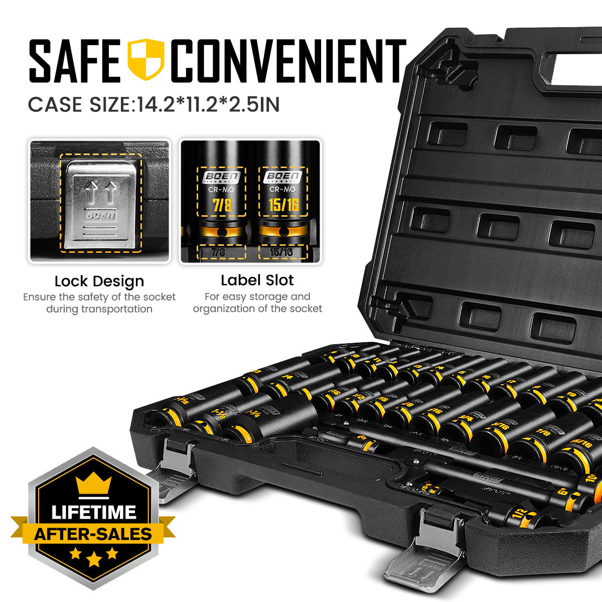 boen 1/2'' Drive Impact Socket Set, 35PCS SAE (3/8 to 1-1/4 inch) and Metric (8mm-24mm), Deep Socket Set, 6-Point with Yellow Embossed Marking, CR-MO
