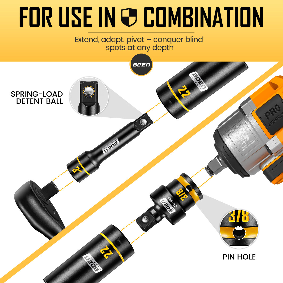 BOEN 3/8" Drive Impact Socket Set, 60PCS Metric (6-22mm) & Standard SAE (5/16"-3/4") Shallow & Deep Sockets, 6-Point Yellow Embossed Marking, with Ratchet Wrench & 7 x 10mm Sockets for Auto Repair