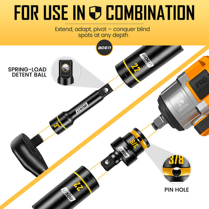 BOEN 3/8" Drive Impact Socket Set, 60PCS Metric (6-22mm) & Standard SAE (5/16"-3/4") Shallow & Deep Sockets, 6-Point Yellow Embossed Marking, with Ratchet Wrench & 7 x 10mm Sockets for Auto Repair