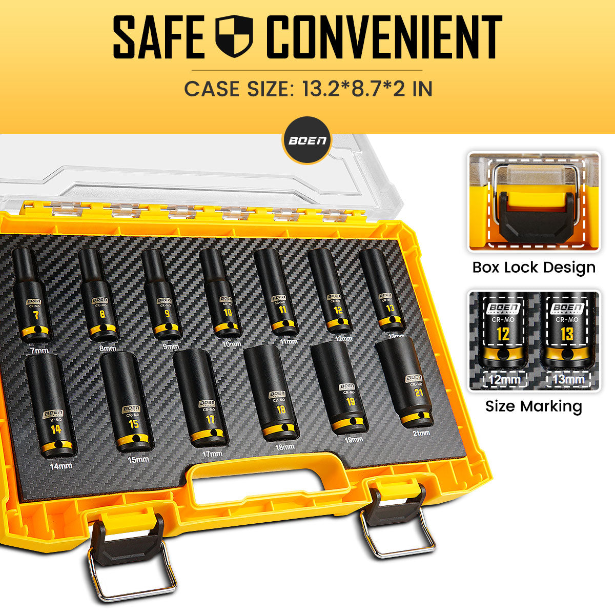 boen 13PCS 7mm-21mm 3/8” Drive Metric Socket Set, Impact Deep Socket, 6-Point with Yellow Embossed Marking, CR-MO Steel
