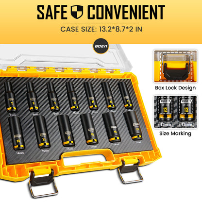 boen 13PCS 7mm-21mm 3/8” Drive Metric Socket Set, Impact Deep Socket, 6-Point with Yellow Embossed Marking, CR-MO Steel