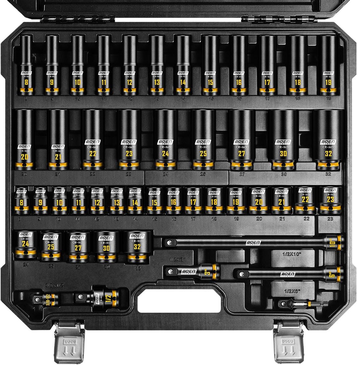 boen 48PCS 1/2” Drive Metric Socket Set, Impact Deep&Shollow Socket(8mm-32mm), for Lug Nut Use, 6-Point with Yellow Embossed Marking, CR-MO