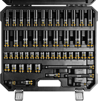 boen 48PCS 1/2” Drive Metric Socket Set, Impact Deep&Shollow Socket(8mm-32mm), for Lug Nut Use, 6-Point with Yellow Embossed Marking, CR-MO