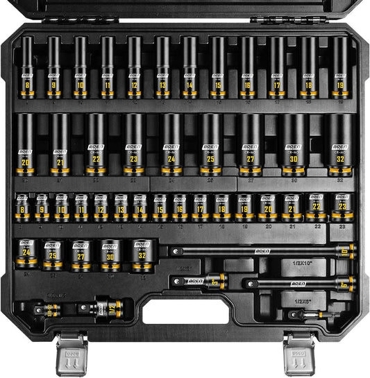 boen 48PCS 1/2” Drive Metric Socket Set, Impact Deep&Shollow Socket(8mm-32mm), for Lug Nut Use, 6-Point with Yellow Embossed Marking, CR-MO