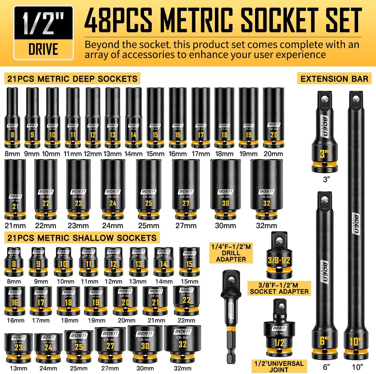 boen 48PCS 1/2” Drive Metric Socket Set, Impact Deep&Shollow Socket(8mm-32mm), for Lug Nut Use, 6-Point with Yellow Embossed Marking, CR-MO