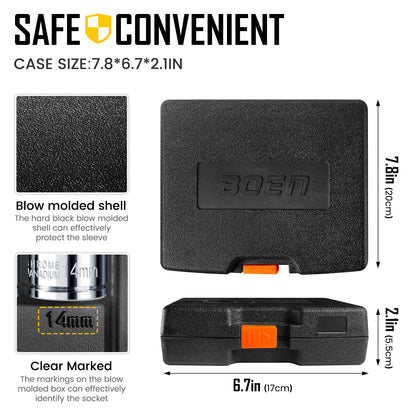 Boen 25 Pieces 1/4" Drive Socket Set, SAE (5/32"-9/16") & Metric (4mm-14mm), 6-Point, Shallow Sockets with Ratchet, Extension Bars and Storage Case,Cr-V Steel
