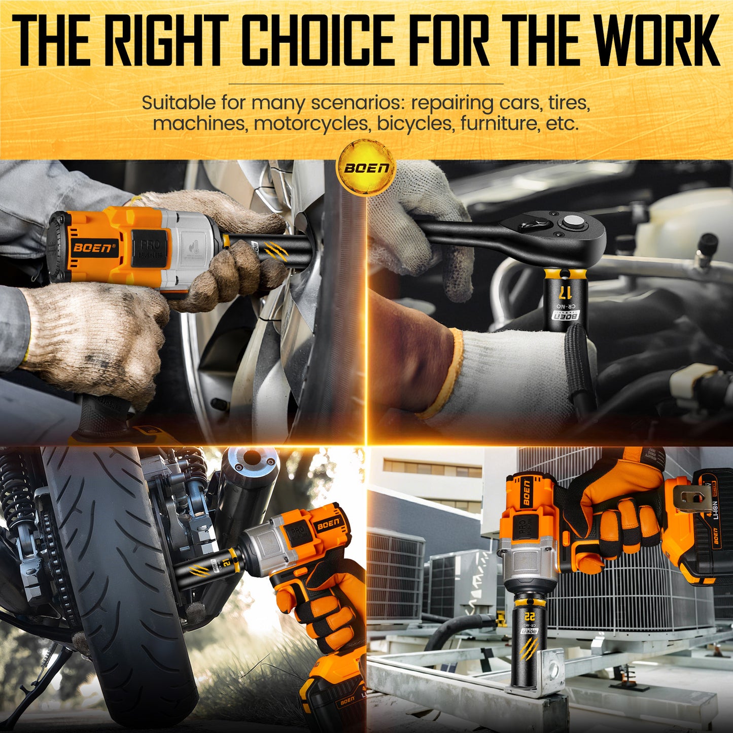 BOEN 7-Piece 1/2" Drive Metric Impact Socket Set, (17, 18, 19, 21, 22, 23, 24 mm) Deep Socket, Chrome-molybdenum Steel, Deep Embossed and Painted Marking, 6-Point Design, Yellow Groove