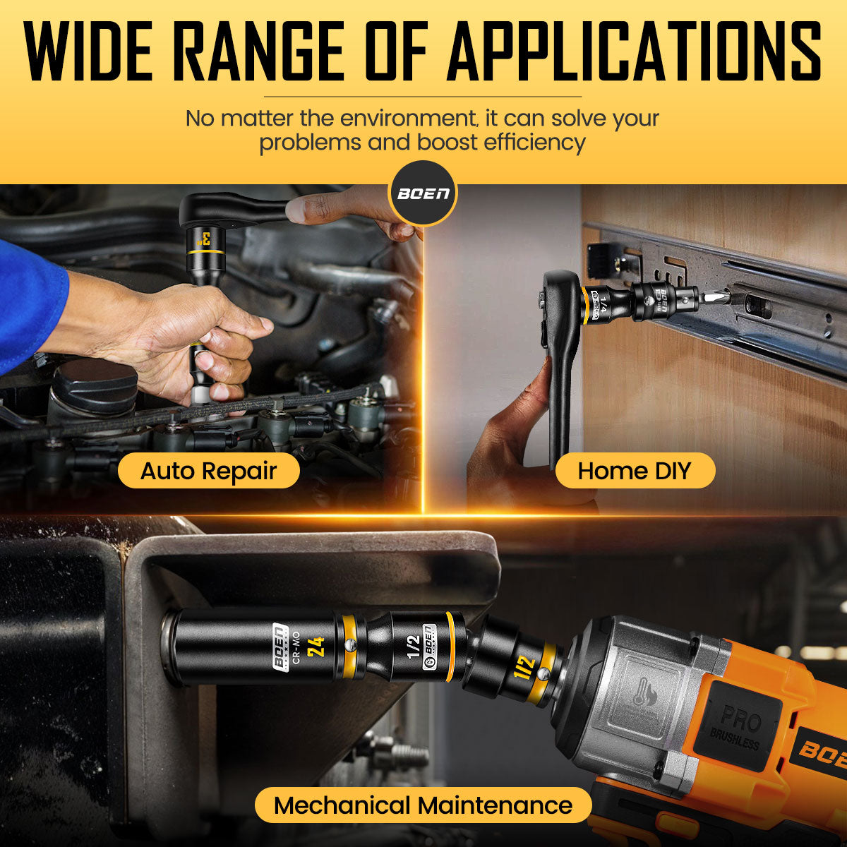 BOEN 3-Piece Magnetic Socket Extension Set, 1/4", 3/8", 1/2" Drive for Automotive and DIY Repairs, Tight Spaces, Mechanics & Home Use