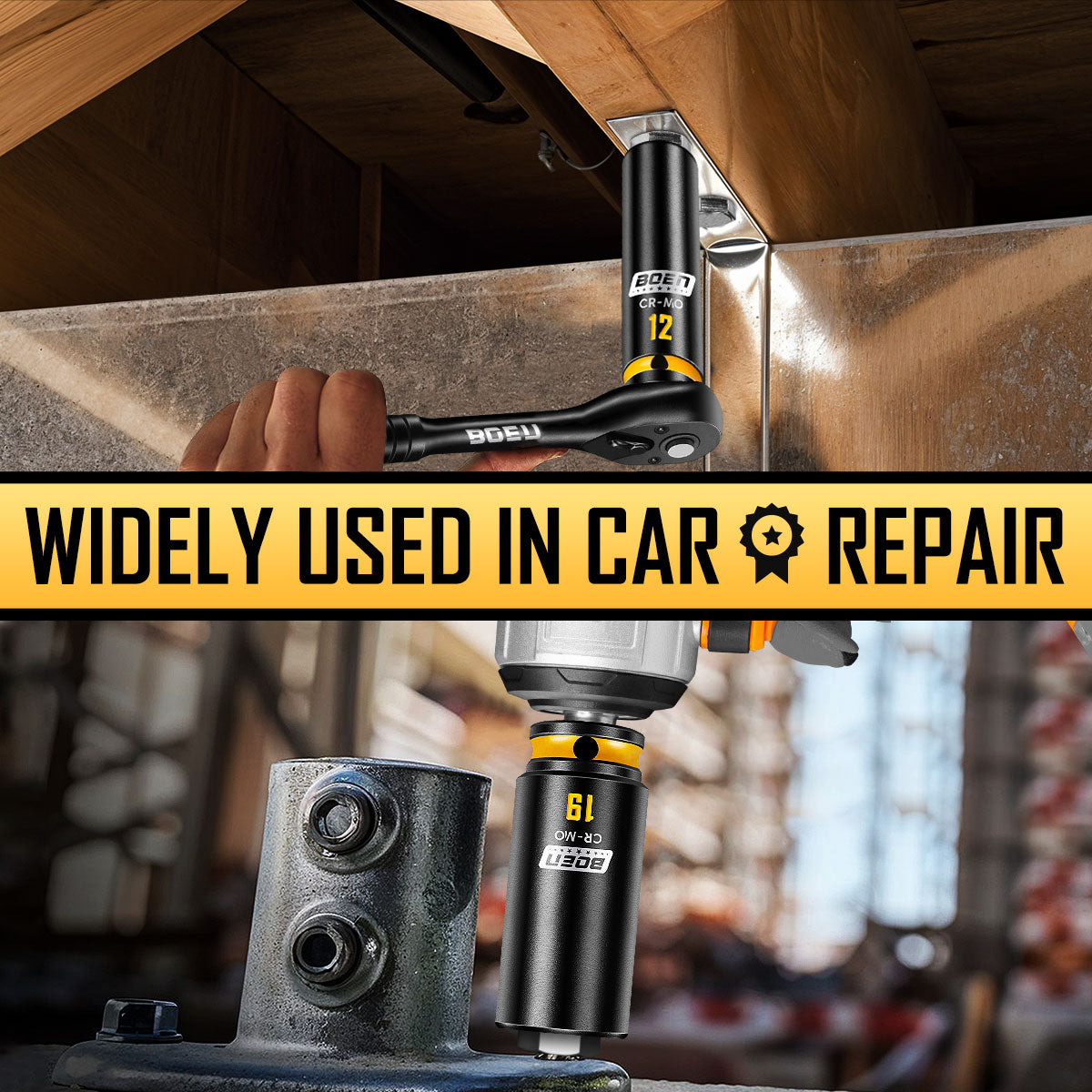 boen 13PCS 7mm-21mm 3/8” Drive Metric Socket Set, Impact Deep Socket, 6-Point with Yellow Embossed Marking, CR-MO Steel