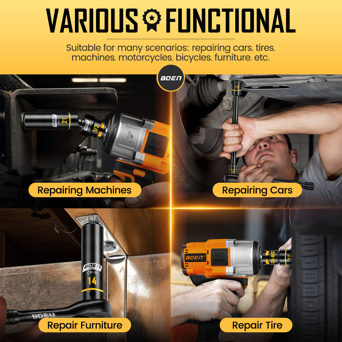 boen 1/2" Drive Impact Socket Set, 36PCS Metric (10-24mm) Deep & Shallow Sockets, 6 Point Design, with Extension Bars, Adapters, Universal Joint, Yellow Embossed Marking
