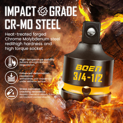 boen PRO 3/4" F to 1/2" M Impact Socket Reducer, Impact Driver Conversions for Impact Wrench, CR-MO Steel, Embossed and Painted Marking