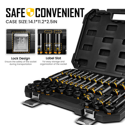 boen 3/8'' Drive Impact Socket Set, 50PCS Standard SAE (5/16 to 3/4 inch) and Metric (8mm-22mm), Deep & Shallow Size, 6-Point with Yellow Embossed Marking, CR-MO