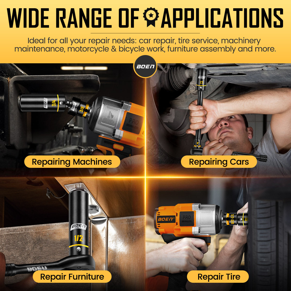 BOEN 3/8" Drive Impact Socket Set, 60PCS Metric (6-22mm) & Standard SAE (5/16"-3/4") Shallow & Deep Sockets, 6-Point Yellow Embossed Marking, with Ratchet Wrench & 7 x 10mm Sockets for Auto Repair