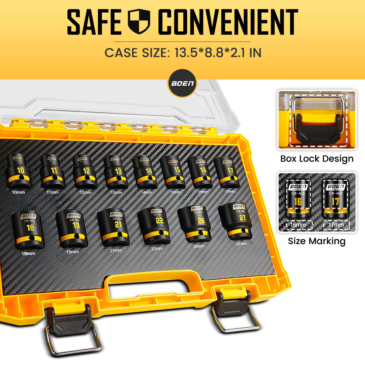 BOEN Pro 1/2" Drive Shallow Impact Socket Set, 14-Piece 6-Point Metric (10-19mm, 21, 22, 26, 27mm) Standard Socket Kit with Deep Embossed and Painted Marking, CR-MO, Includes Rugged PP Case