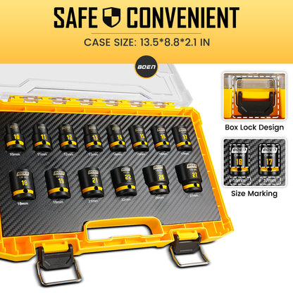 BOEN Pro 1/2" Drive Shallow Impact Socket Set, 14-Piece 6-Point Metric (10-19mm, 21, 22, 26, 27mm) Standard Socket Kit with Deep Embossed and Painted Marking, CR-MO, Includes Rugged PP Case