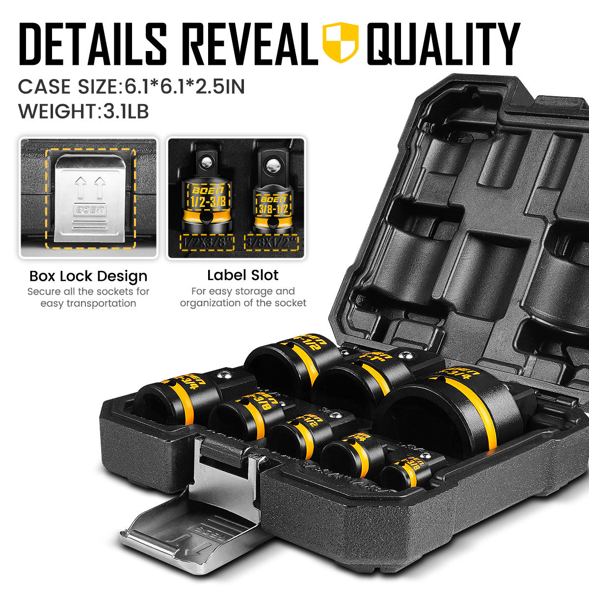 BOEN 8-Piece Impact Socket Adapter & Reducer Set, 1/4, 3/8, 1/2", 3/4", Cr-Mo Steel Impact Driver & Wrench Conversion Kit with Deep Embossed and Painted Marking