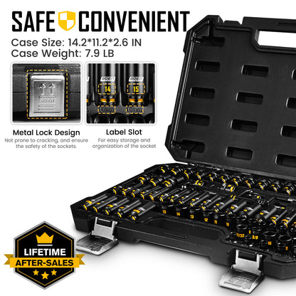 BOEN Pro 1/4" Drive Impact Socket Set, 74-Piece SAE (3/16"-9/16") and Metric (4-15mm), 6-Point Deep & Shallow Kit with Deep Painted Marking, Cr-Mo, Includes Ratchet Handle,Universal Socket for DIYers