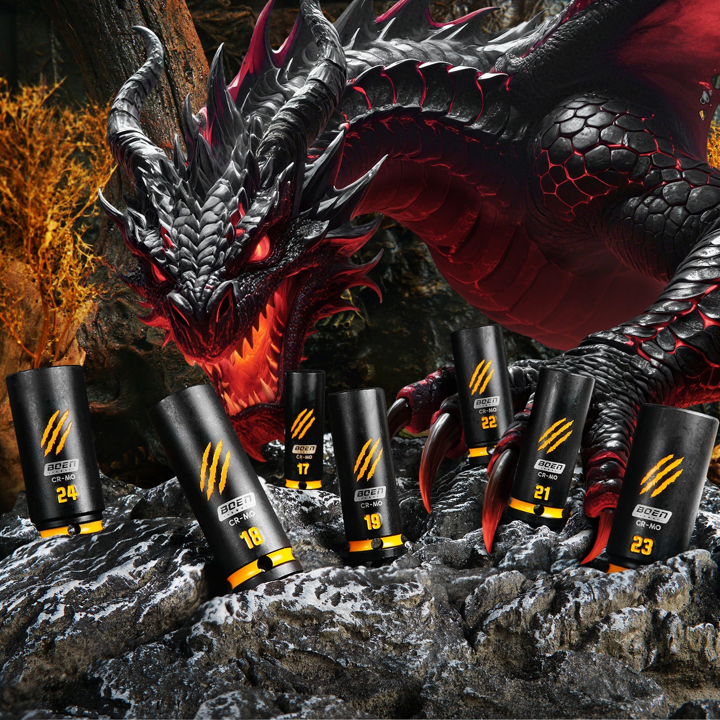 BOEN 7-Piece 1/2" Drive Metric Impact Socket Set, (17, 18, 19, 21, 22, 23, 24 mm) Deep Socket, Chrome-molybdenum Steel, Deep Embossed and Painted Marking, 6-Point Design, Yellow Groove