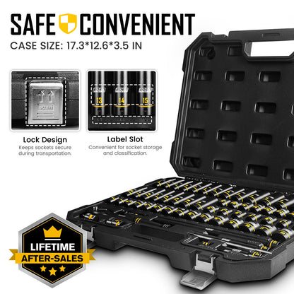 BOEN 3/8" Drive Impact Socket Set, 60PCS Metric (6-22mm) & Standard SAE (5/16"-3/4") Shallow & Deep Sockets, 6-Point Yellow Embossed Marking, with Ratchet Wrench & 7 x 10mm Sockets for Auto Repair
