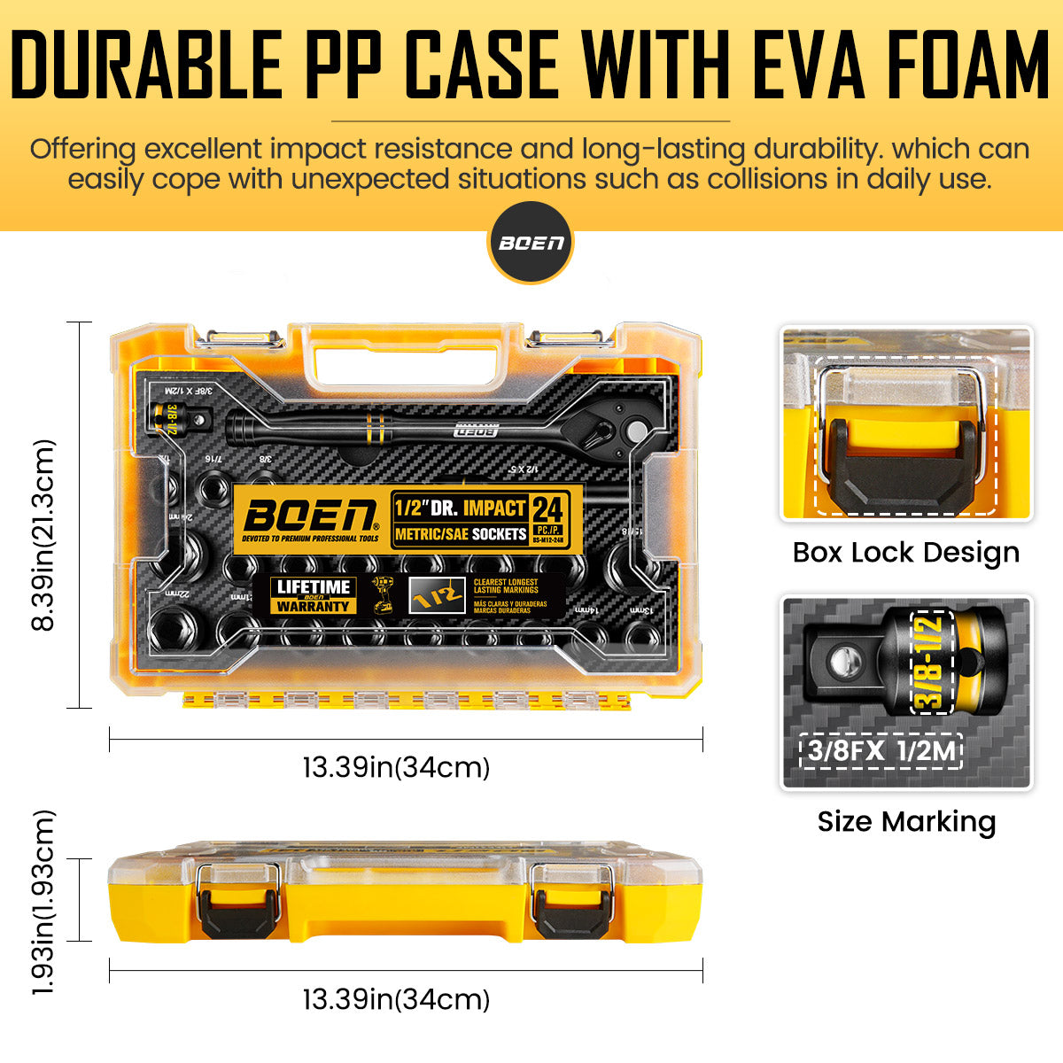 BOEN 1/2" Drive Socket Wrench Set, 24-Piece Standard SAE (3/8" to 15/16") & Metric (10mm-24mm) Shallow Socket, 6-Point with Yellow Embossed Marking, Cr-V Steel, Portable Storage Case
