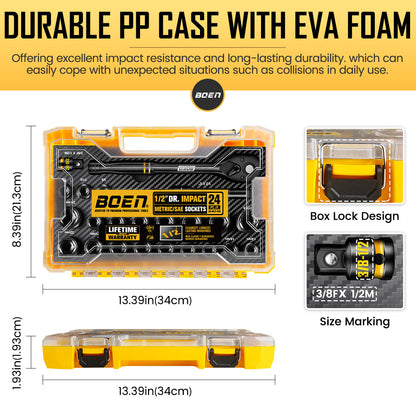 BOEN 1/2" Drive Socket Wrench Set, 24-Piece Standard SAE (3/8" to 15/16") & Metric (10mm-24mm) Shallow Socket, 6-Point with Yellow Embossed Marking, Cr-V Steel, Portable Storage Case