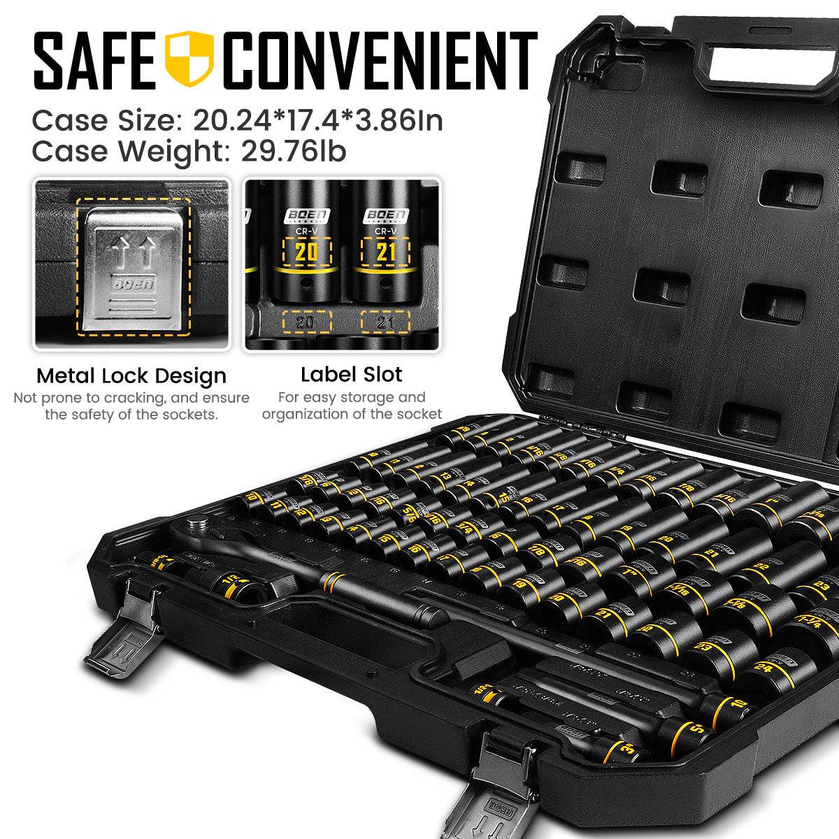 BOEN 1/2" Drive Impact Socket Set, 65-Piece Standard SAE (3/8" to 1-1/4") & Metric (10mm-24mm) Deep & Shallow Socket with Embossed Painted Marking, Includes Adapters, Ratchet Wrench, Extension Bars