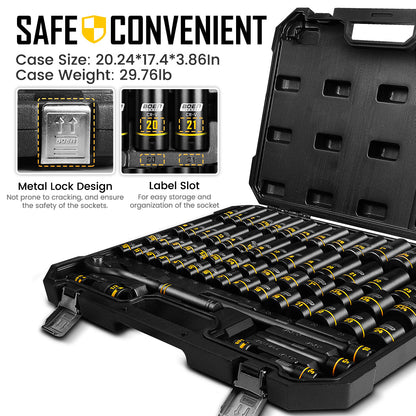 BOEN 1/2" Drive Impact Socket Set, 65-Piece Standard SAE (3/8" to 1-1/4") & Metric (10mm-24mm) Deep & Shallow Socket with Embossed Painted Marking, Includes Adapters, Ratchet Wrench, Extension Bars
