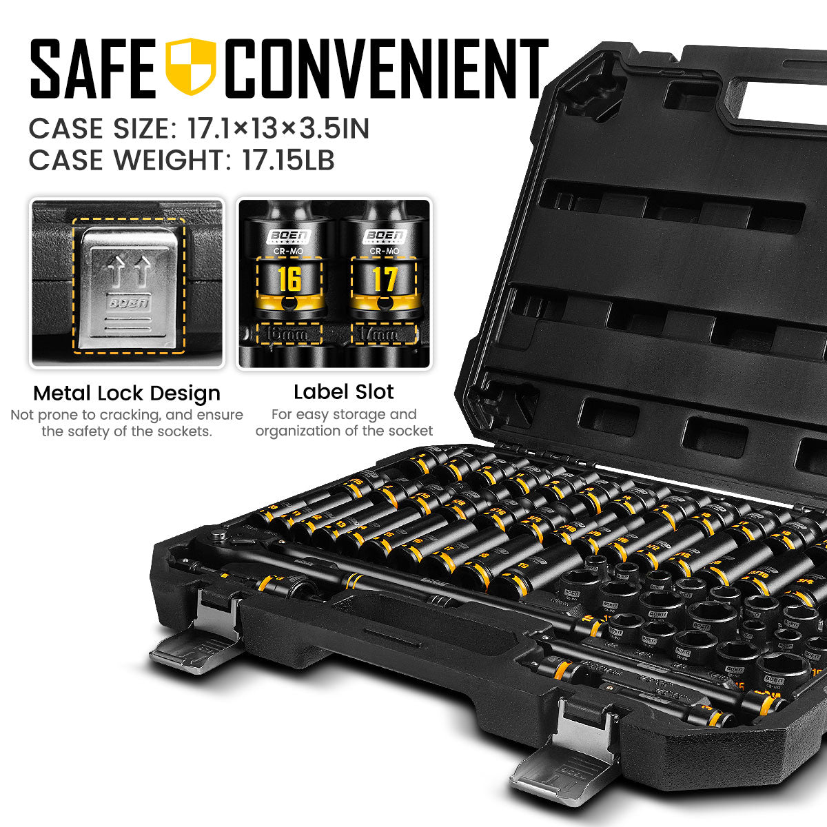 BOEN 3/8" Drive Impact Socket Set, 67 Piece Metric (8-19mm) and Standard SAE (5/16"-3/4") with Shallow & Deep Sockets, Includes Swivel Sockets, Extension Bars, Adapters & Universal Joint, CR-MO Steel