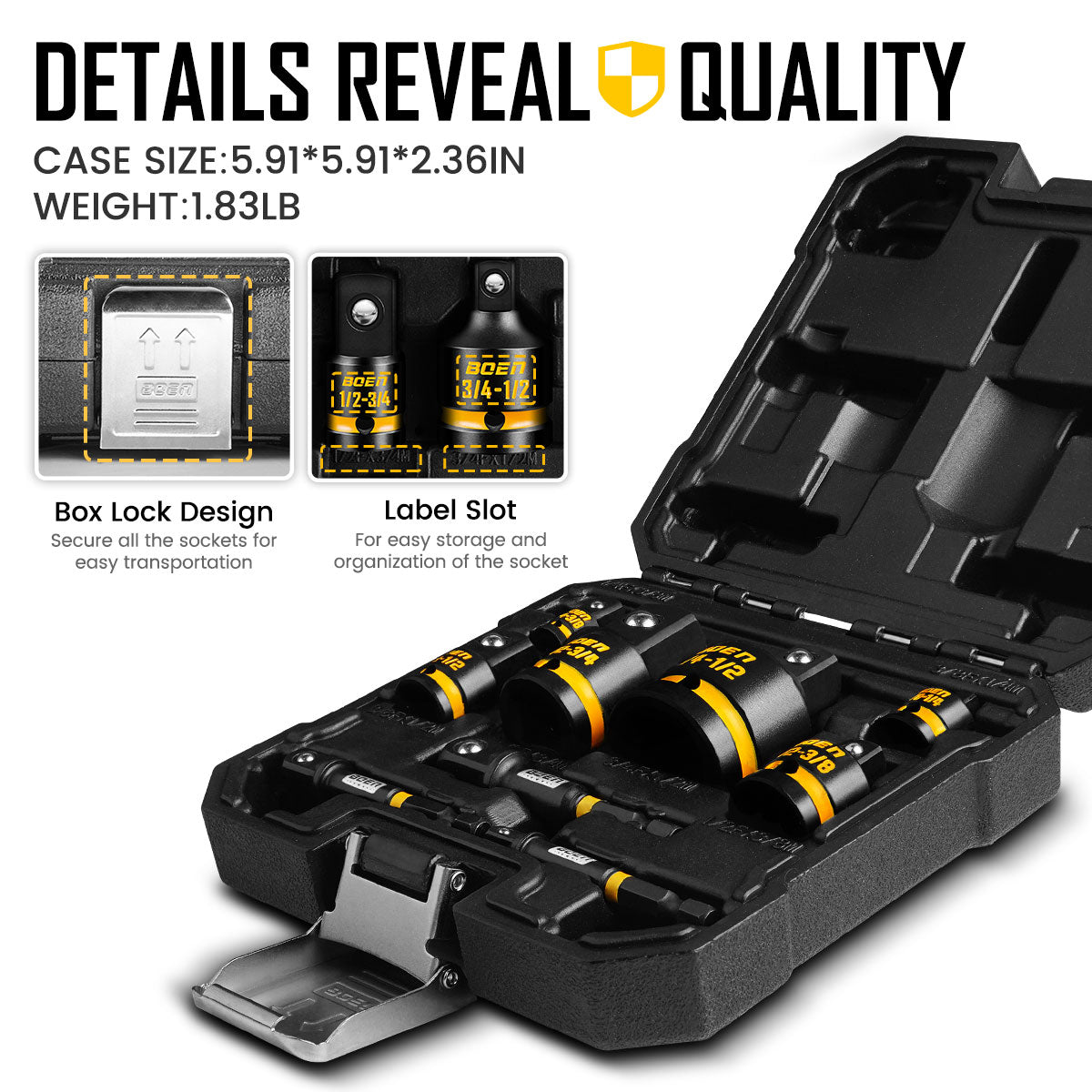 BOEN 9-Piece Impact Socket Adapter & Reducer Set, 1/4" & 3/8" & 1/2" &3/4" Drive Socket Adapter Set with Deep Embossed & Painted Markings, Include 1/4" Drive SAE Hex Shank Adapters