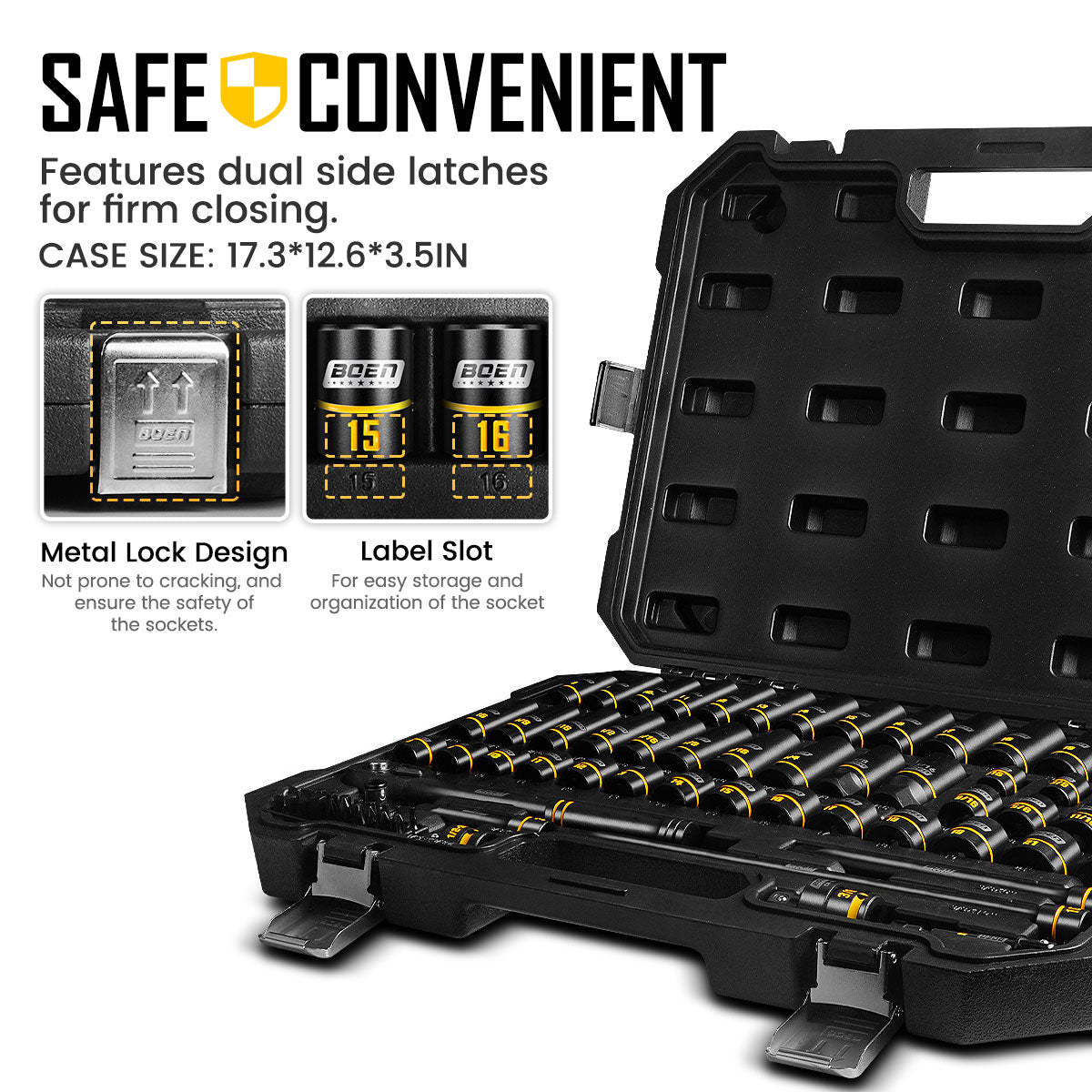 boen 3/8" Drive Impact Socket Set, 74PCS Metric (8-22mm) & SAE (5/16"-3/4"), 6-Point Deep Shallow Socket Set with Ratchet, Extension Bars, Spark Plug Sockets, Adapters, Yellow Embossed Marking, CR-V