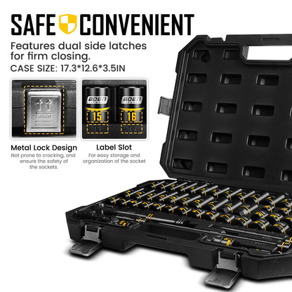 boen 3/8" Drive Impact Socket Set, 74PCS Metric (8-22mm) & SAE (5/16"-3/4"), 6-Point Deep Shallow Socket Set with Ratchet, Extension Bars, Spark Plug Sockets, Adapters, Yellow Embossed Marking, CR-V
