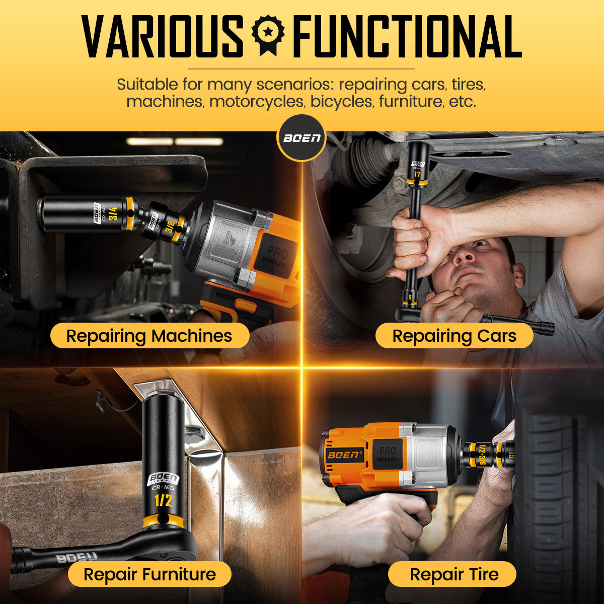 boen 3/8" Drive Impact Socket Set, 48-Piece Metric & SAE Size (8-22mm & 5/16"-3/4"), 6-Point Deep & Shallow Socket Set with Extension Bars, Adapter and Universal Joint, CR-MO Steel
