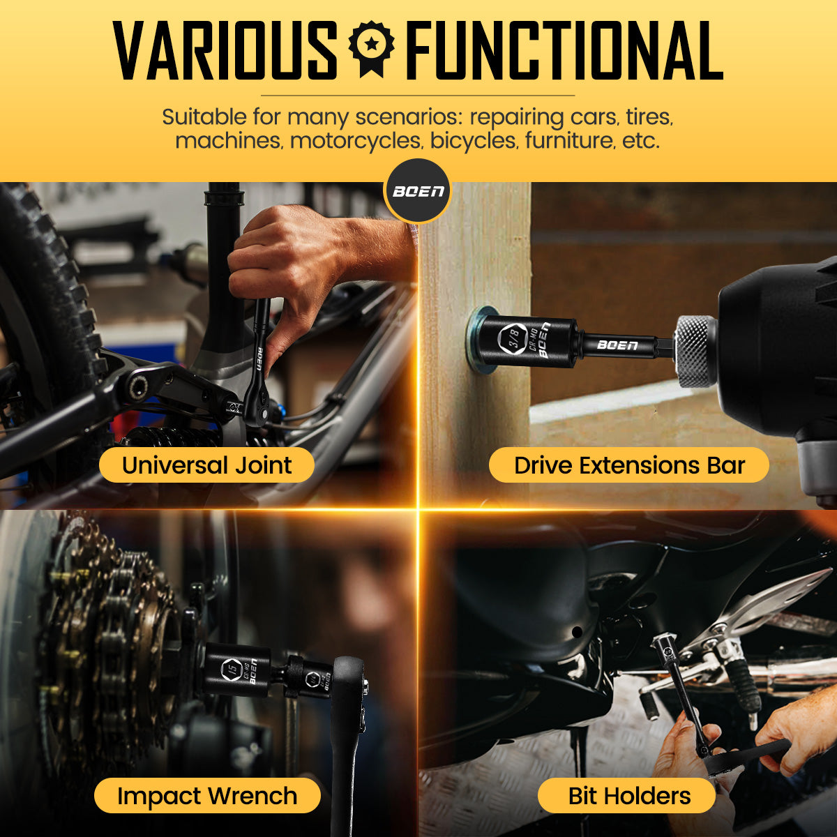 BOEN 1/4" Drive Metric Impact Socket Set, 66-Piece (4-14mm) Deep & Shallow Kit, Includes 5-15mm Swivel Sockets, 72T Ratchet Handle, 2", 4", 6" Extension Bar, Adapters, Universal Joint & Impact Bit