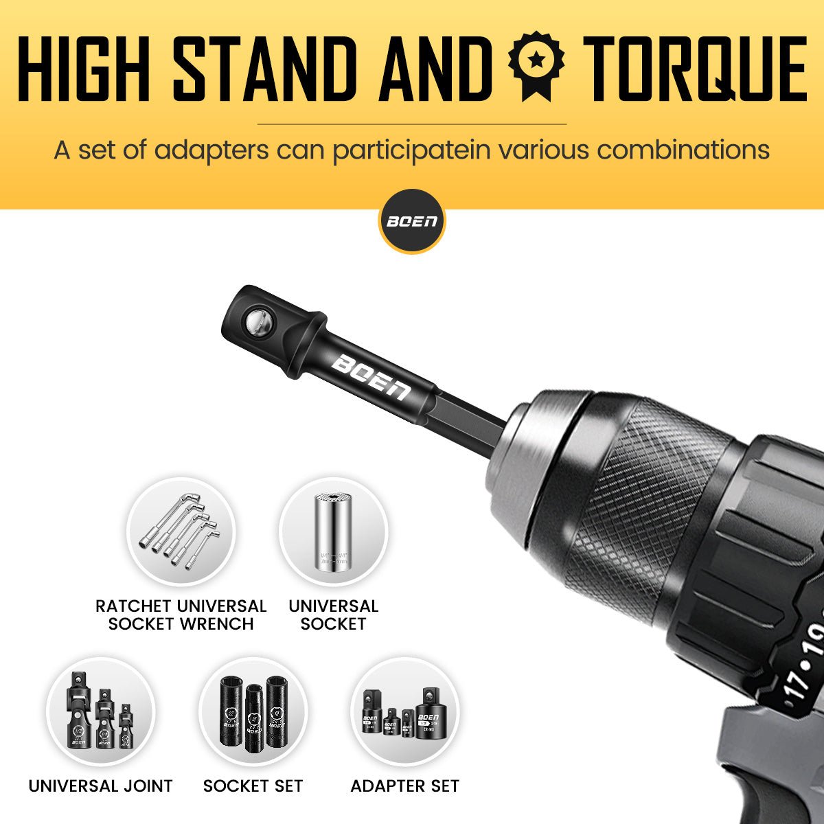 BOEN 10 - Piece 3/8" Drive Impact Grade Socket Adapter Set, 1/4 - Inch SAE Hex Shank Drill Bit Adapter for Power Drill to High Torque Impact Wrench - BOEN