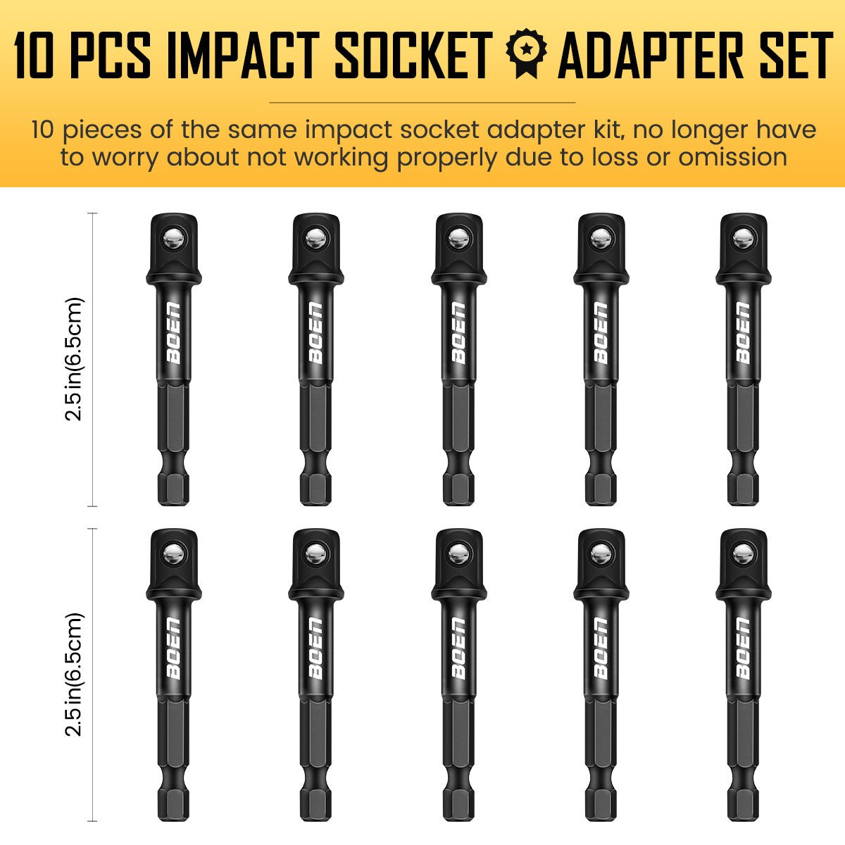 BOEN 10 - Piece 3/8" Drive Impact Grade Socket Adapter Set, 1/4 - Inch SAE Hex Shank Drill Bit Adapter for Power Drill to High Torque Impact Wrench - BOEN