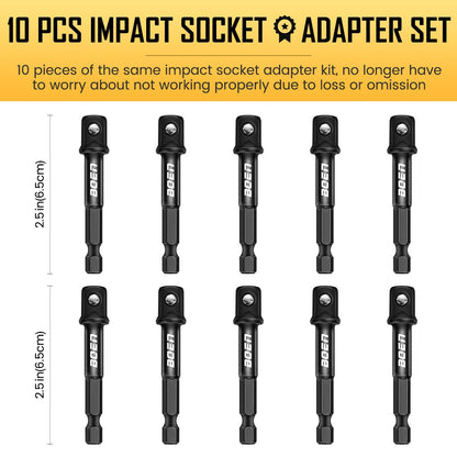 BOEN 10 - Piece 3/8" Drive Impact Grade Socket Adapter Set, 1/4 - Inch SAE Hex Shank Drill Bit Adapter for Power Drill to High Torque Impact Wrench - BOEN