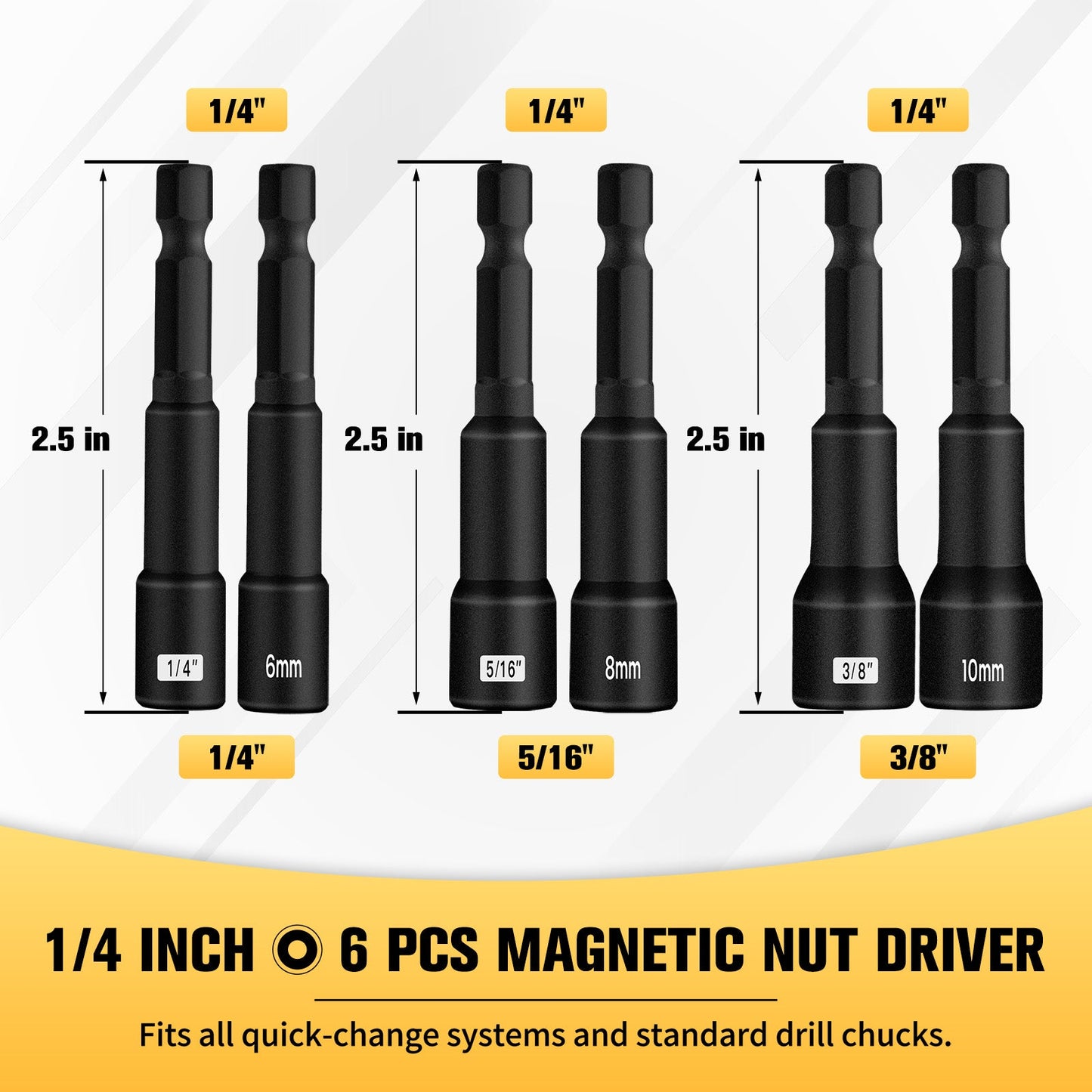 BOEN 1/4 in Sae,Metric 6 Pcs Magnetic Nut Impact Drill Driver Bit Set - BOEN