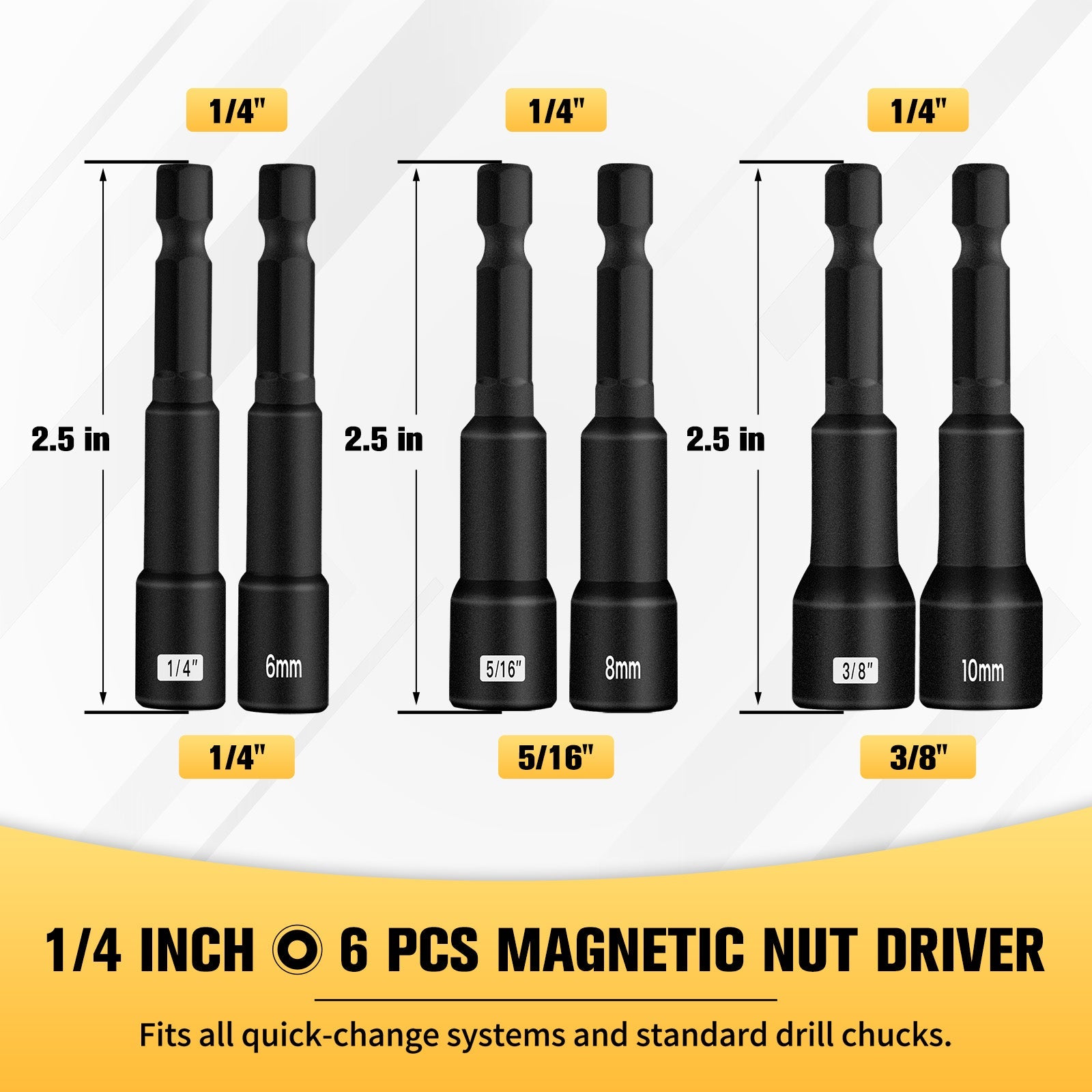 BOEN 1/4 in Sae,Metric 6 Pcs Magnetic Nut Impact Drill Driver Bit Set - BOEN