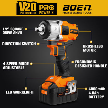 boen 1PCS 1/2" 4.0Ah Battery + 600FT - LBS(800N.m) Cordless Impact Wrench - BOEN